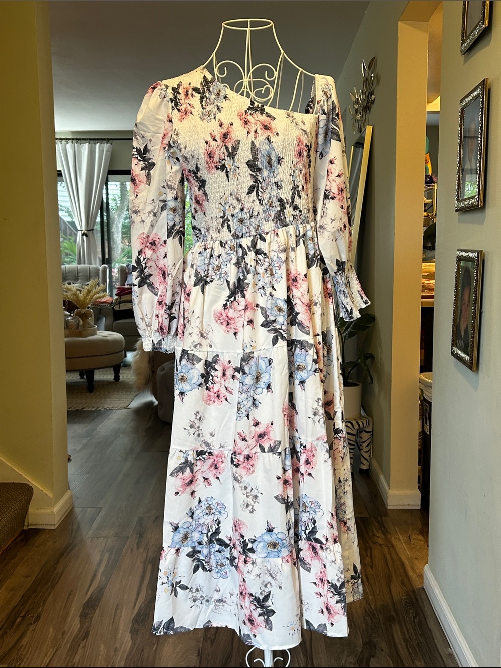 Floral Square-Neck Maxi Dress in White with Pink & Blue Blooms